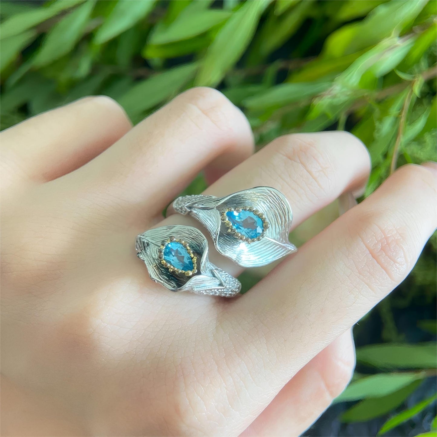 Crimson Bloom – Swiss Blue Topaz Ring in 925 Sterling Sliver