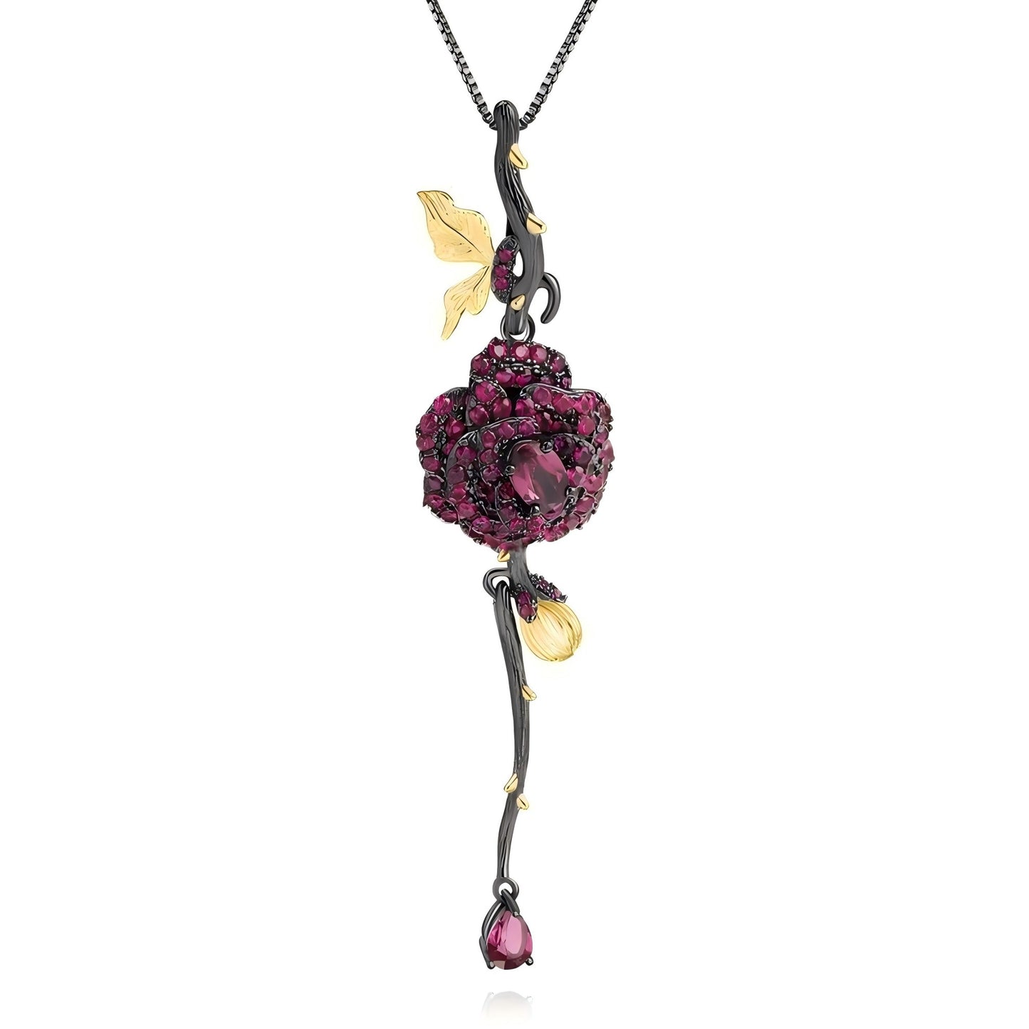 Enchanted Rose Pendant Necklace – Garnet Red & Golden Accents in 925 Silver