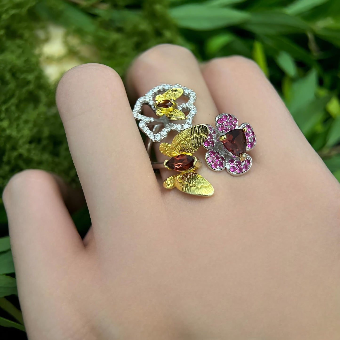 Fluttering Garden – Adjustable Butterfly & Flower Ring with Garnet in Sterling Silver