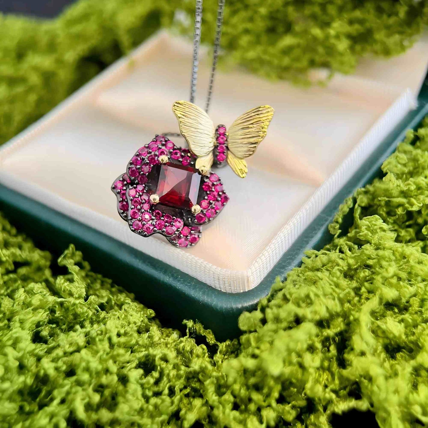 Butterfly & Bloom – Garnet Rose and Gold Butterfly Pendant in 925 Sterling Silver