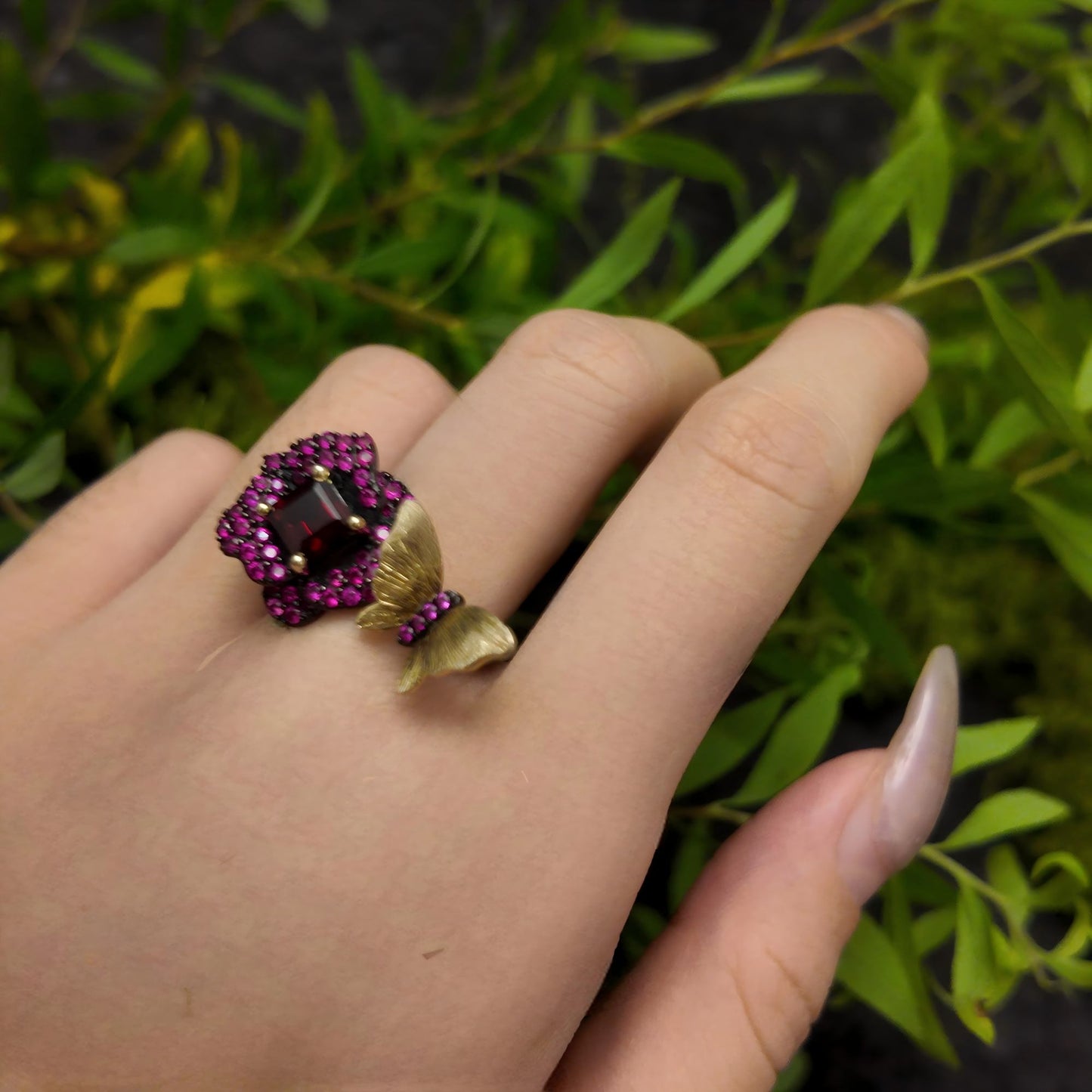Butterfly & Bloom – Garnet Rose and Gold Butterfly Ring in 925 Sterling Silver