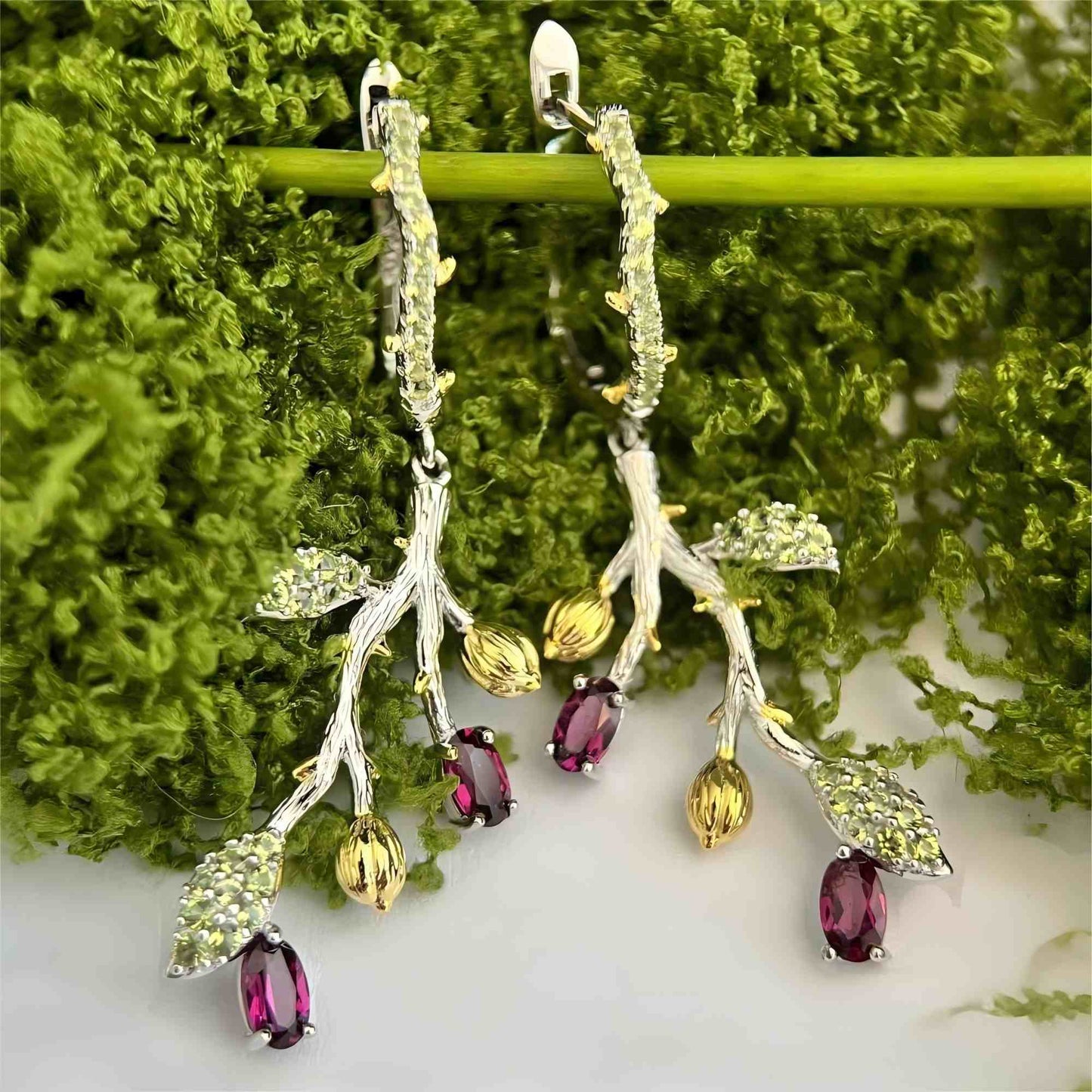 Verdant Blossom – Natural Rhodolite Garnet & Peridot Branch Earrings