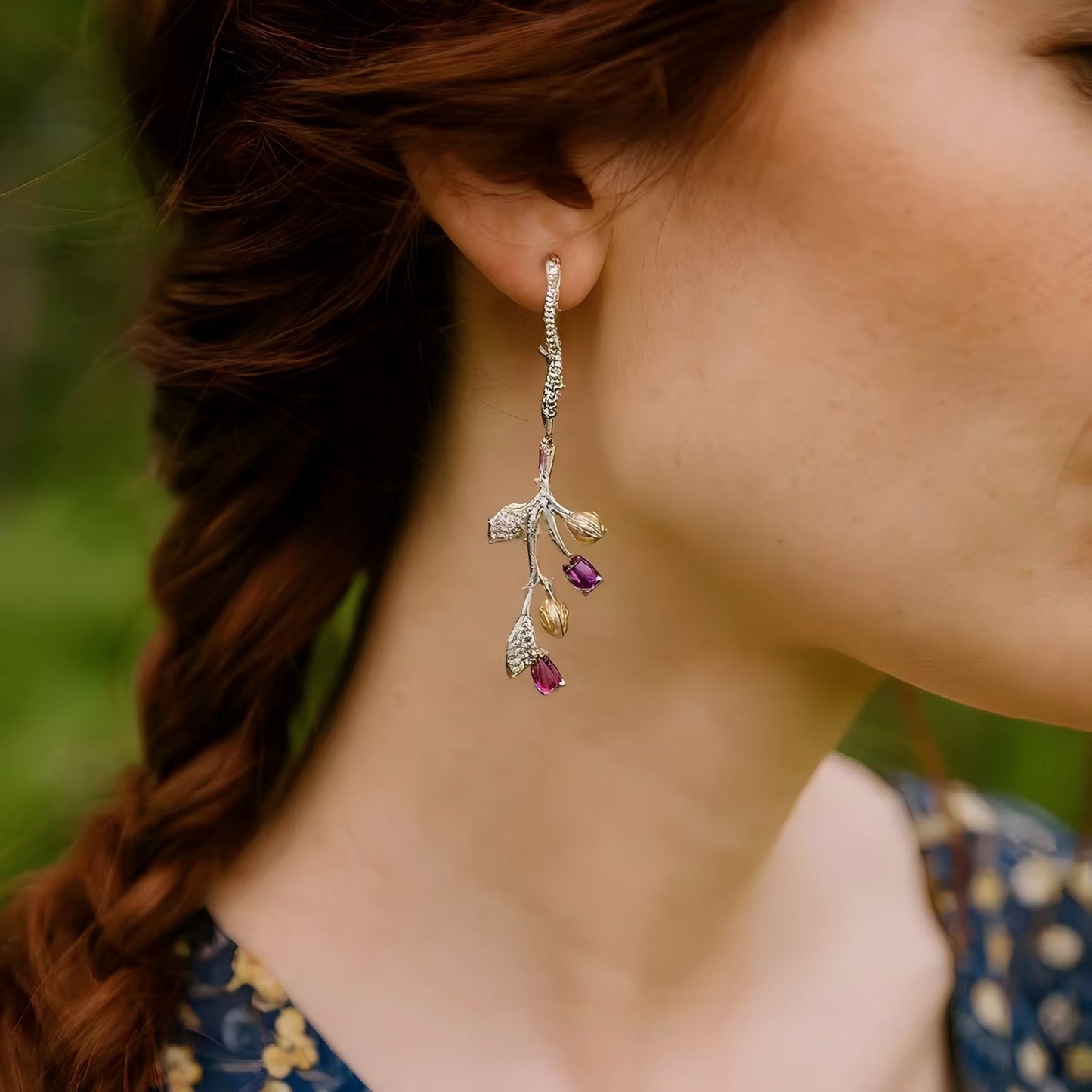 Verdant Blossom – Natural Rhodolite Garnet & Peridot Branch Earrings