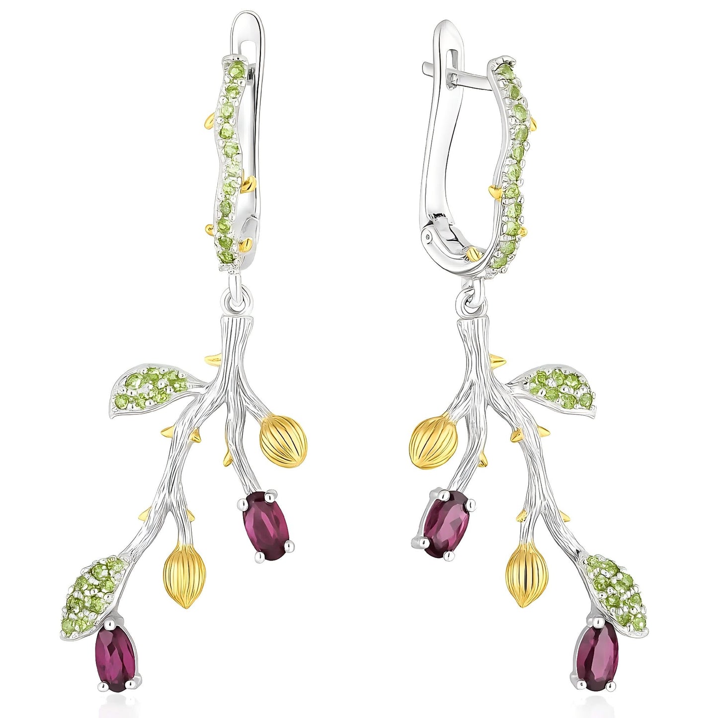 Verdant Blossom – Natural Rhodolite Garnet & Peridot Branch Earrings