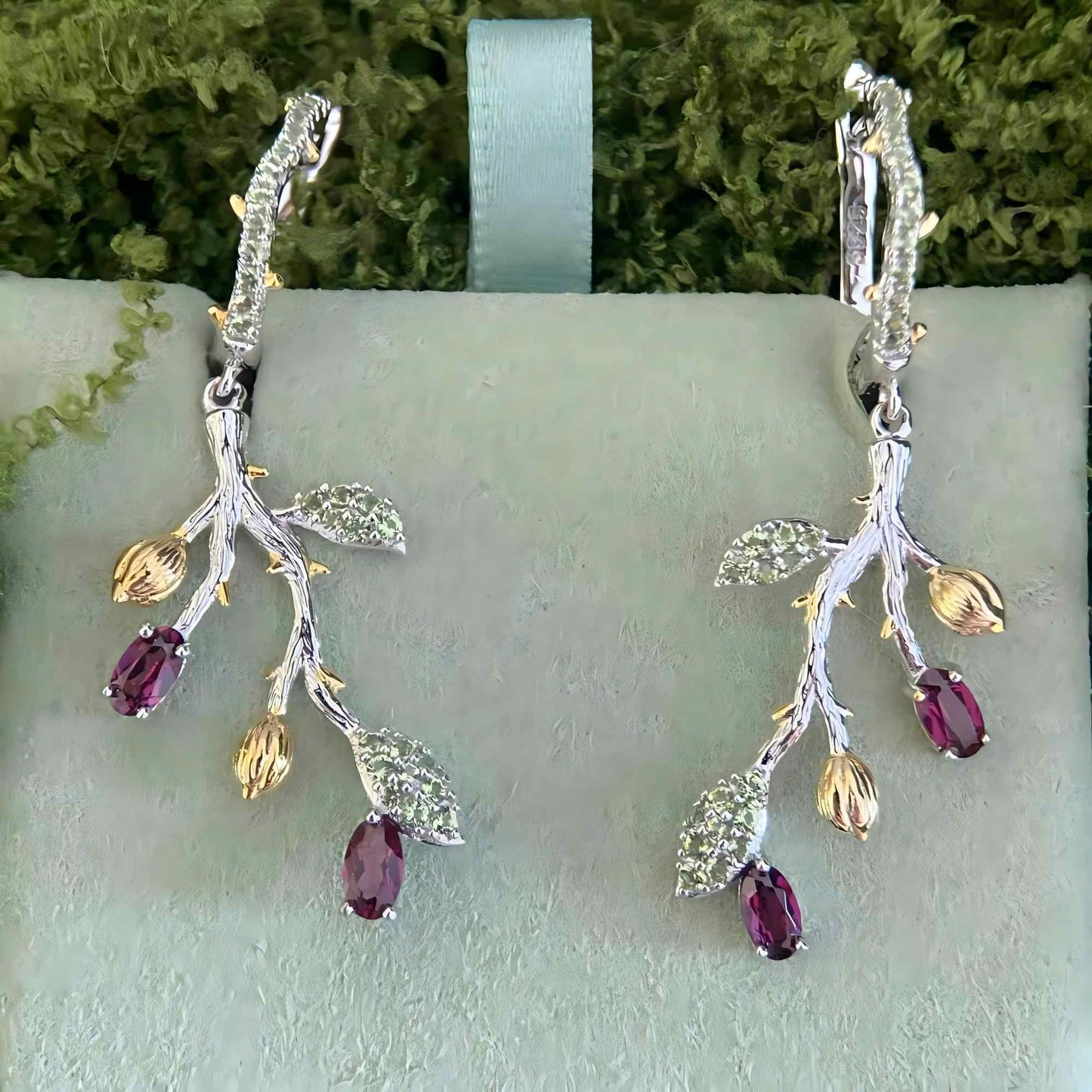 Verdant Blossom – Natural Rhodolite Garnet & Peridot Branch Earrings