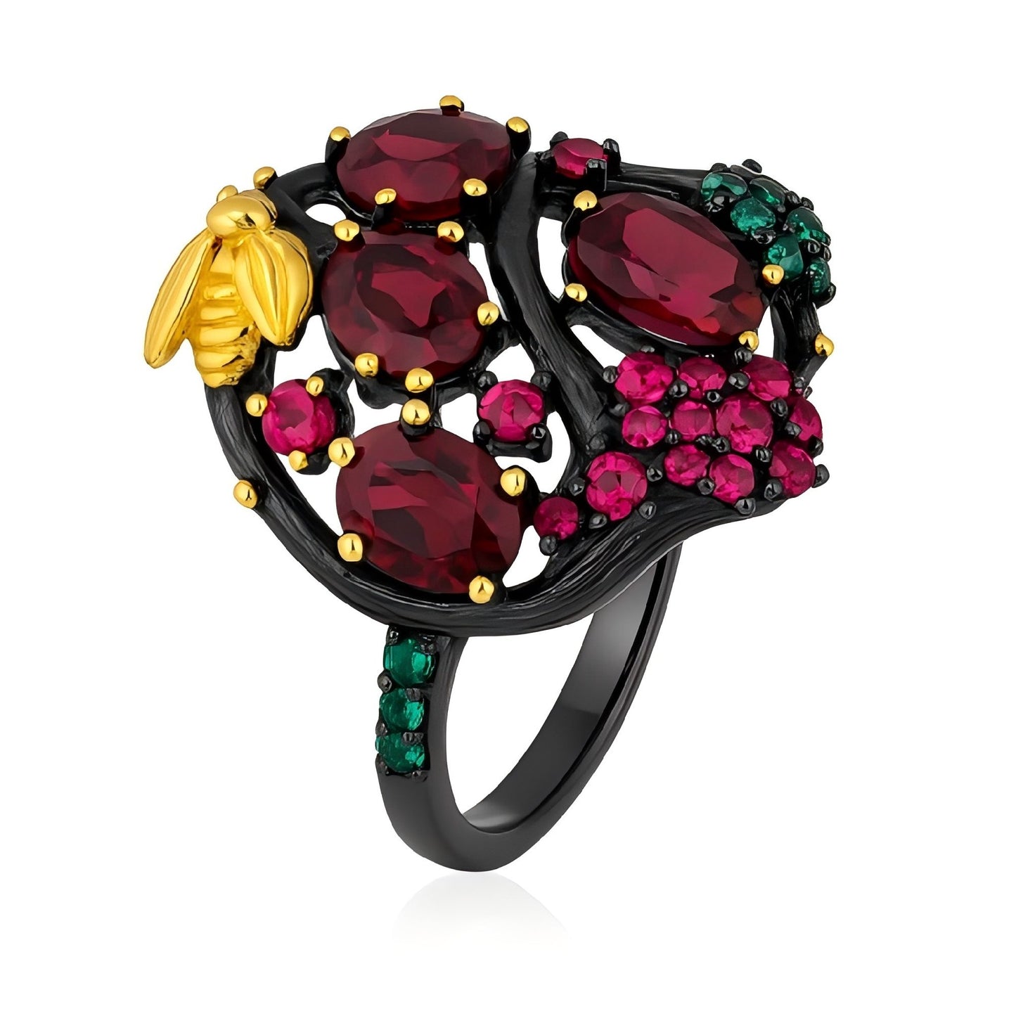 Bee & Bloom: Garnet Garden Cocktail Ring in Black Gold - Plated Silver