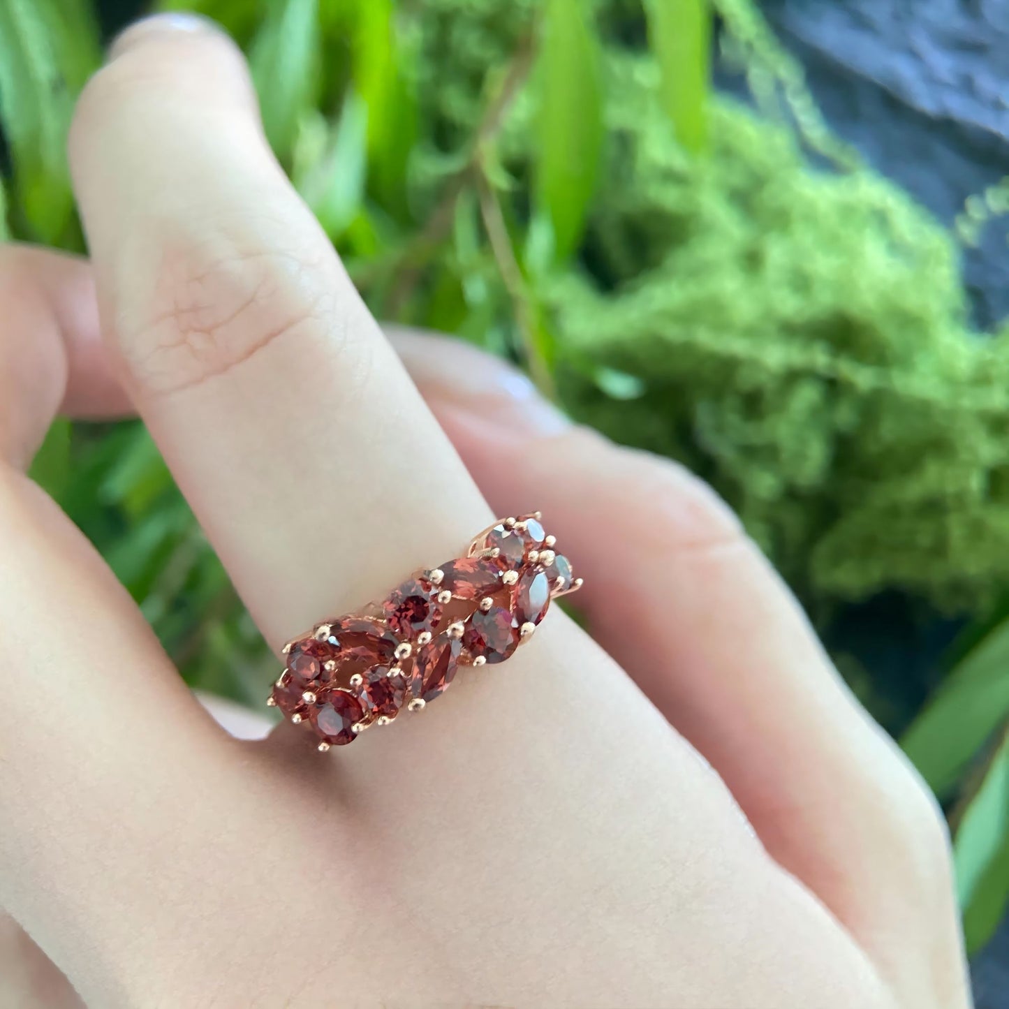 Crimson Bouquet: Natural Rhodolite Garnet Cluster Ring in Rose Gold Vermeil