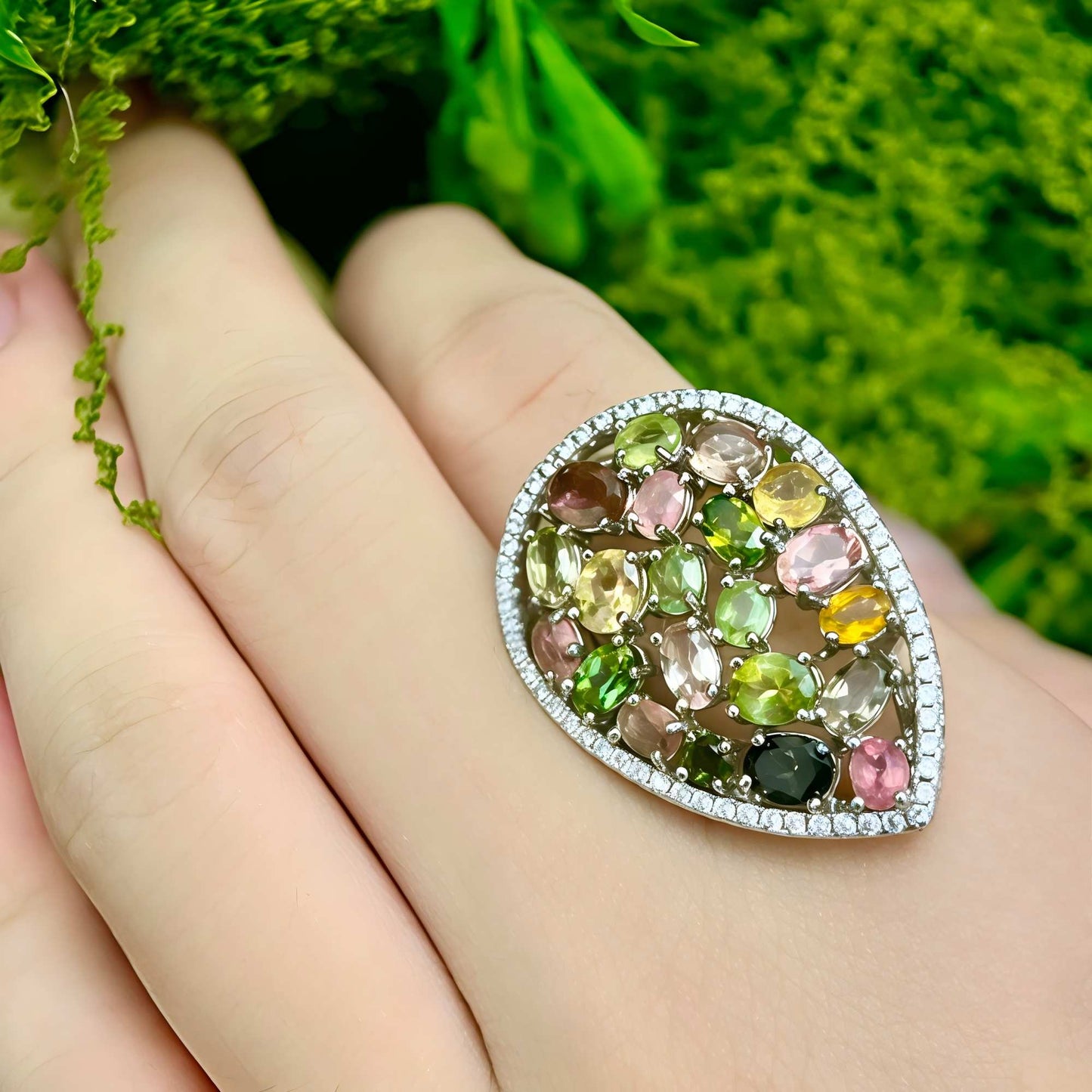 Tear of the Garden: Waterdrop Mosaic Natural Tourmaline Ring in Sterling Silver