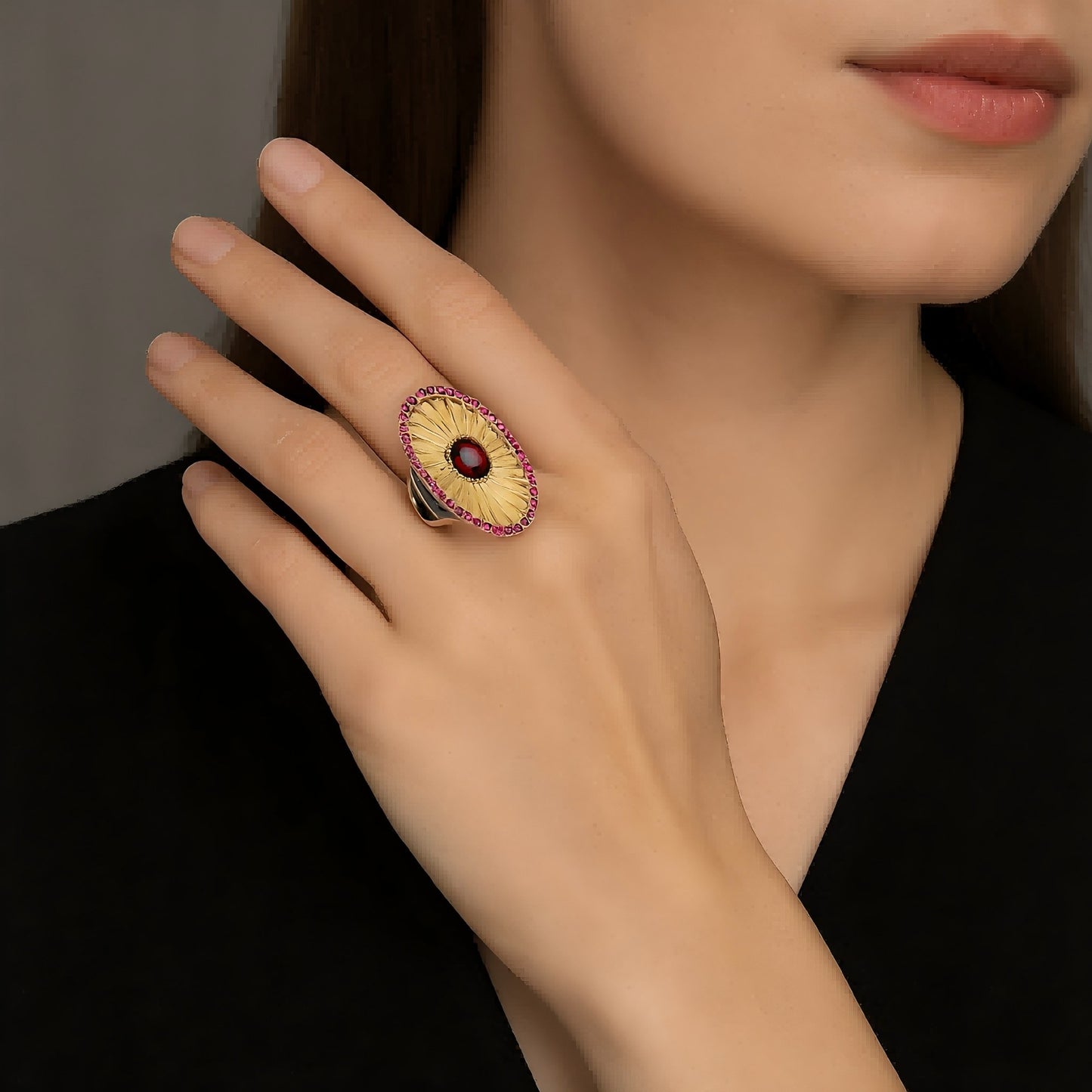 Scarlet Sun – Garnet Sunflower Statement Ring in 925 Sterling Silver