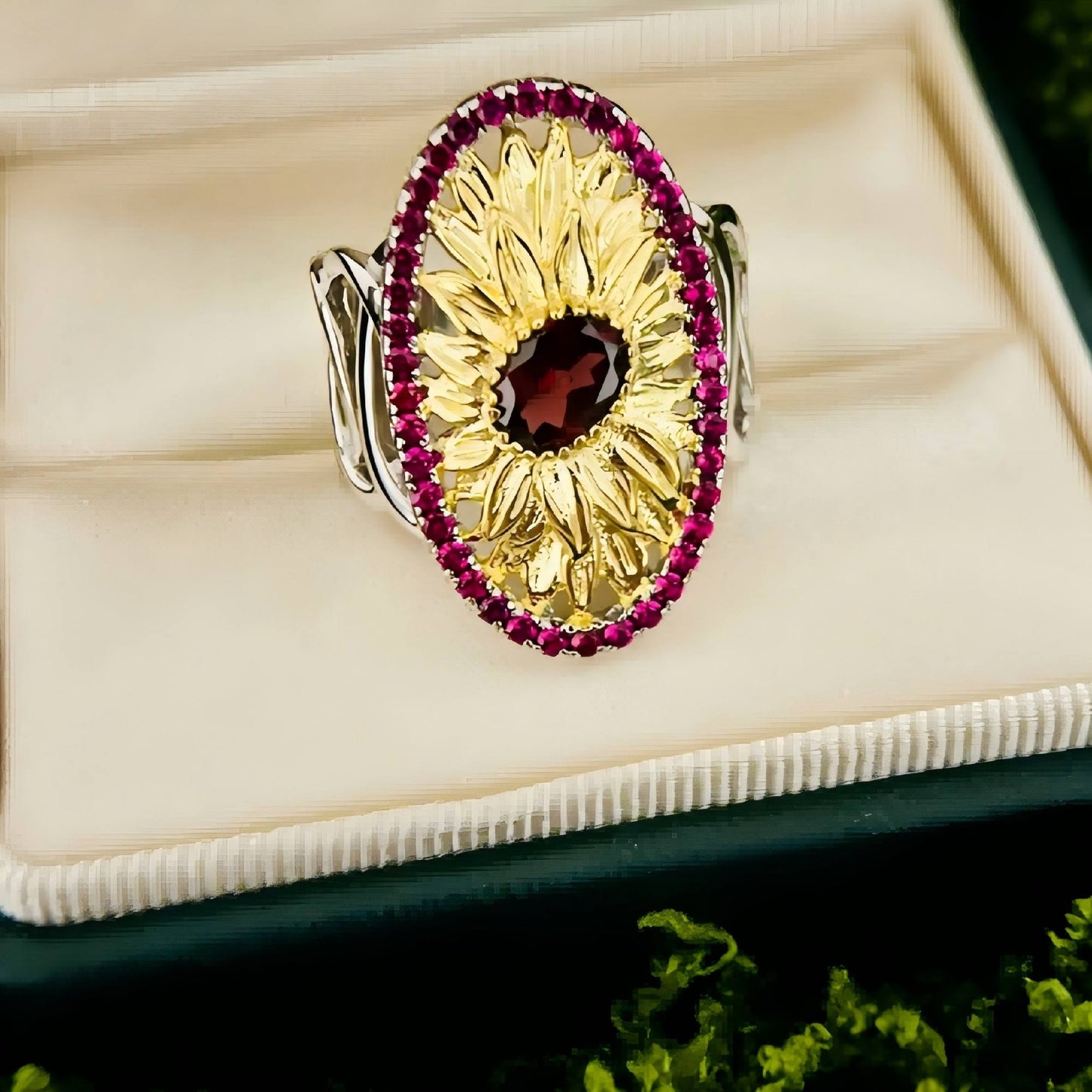 Scarlet Sun – Garnet Sunflower Statement Ring in 925 Sterling Silver