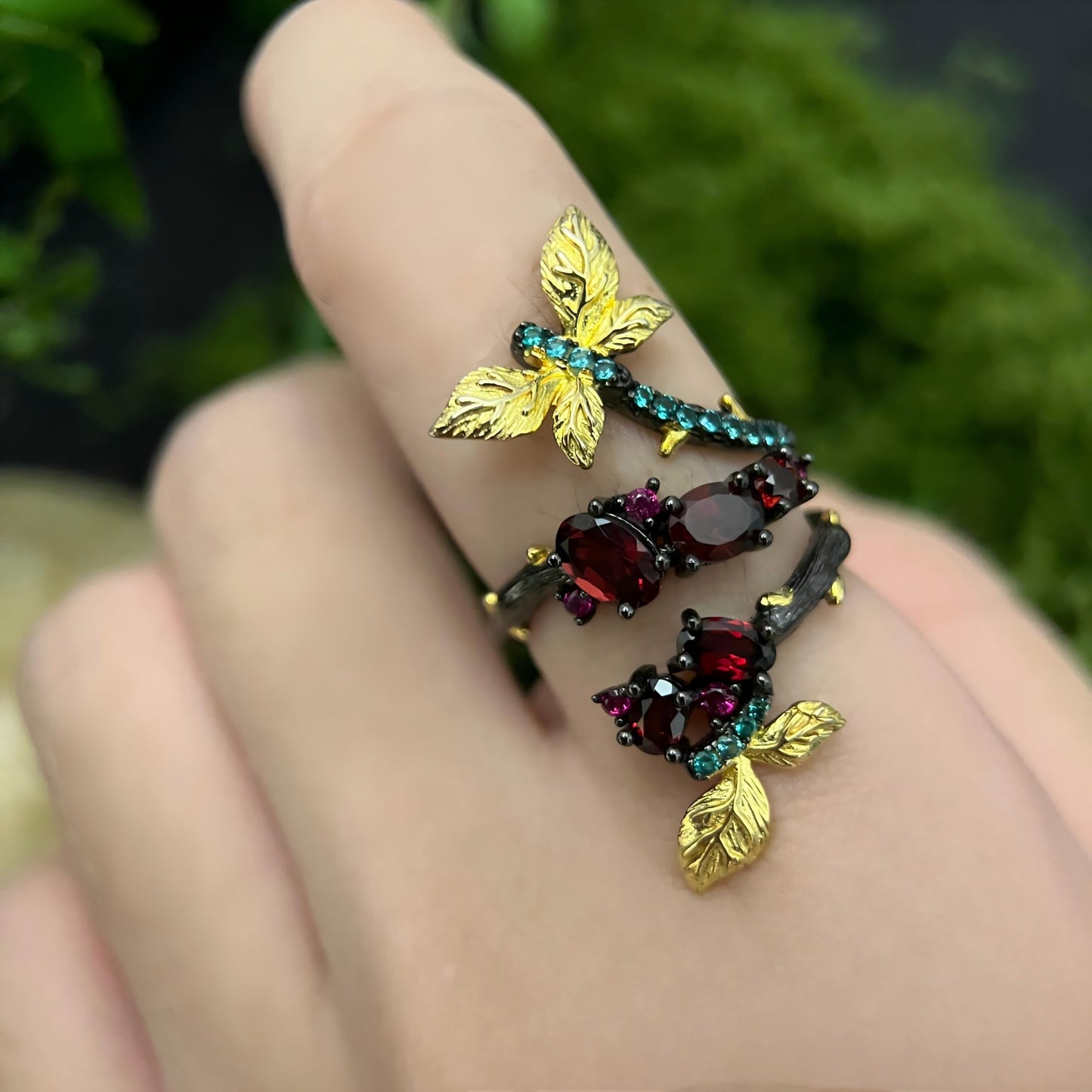 Crimson Secret – Rhodolite Garnet Leaf Ring in 925 Sterling Silver