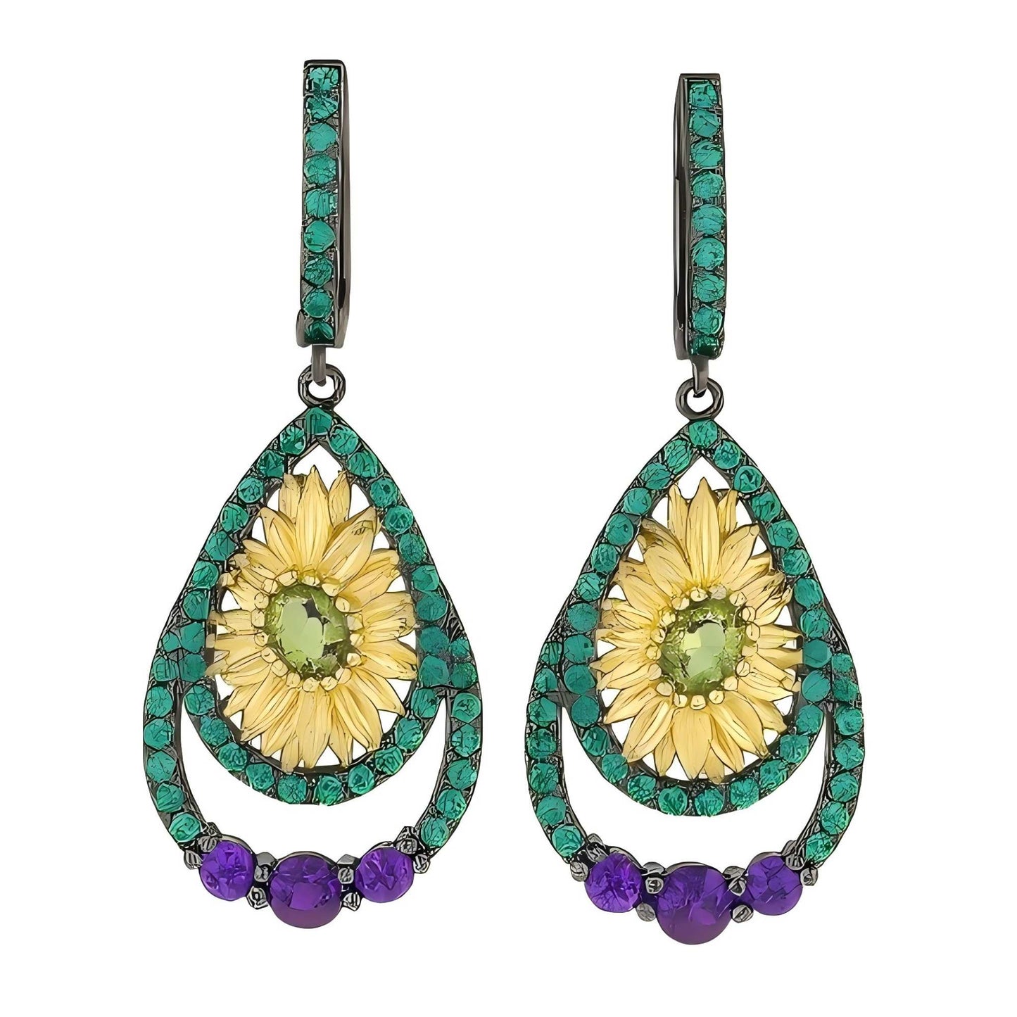 Sunlight Bloom – Peridot & Amethyst Drop Earrings in Gold-Plated 925 Sterling Silver