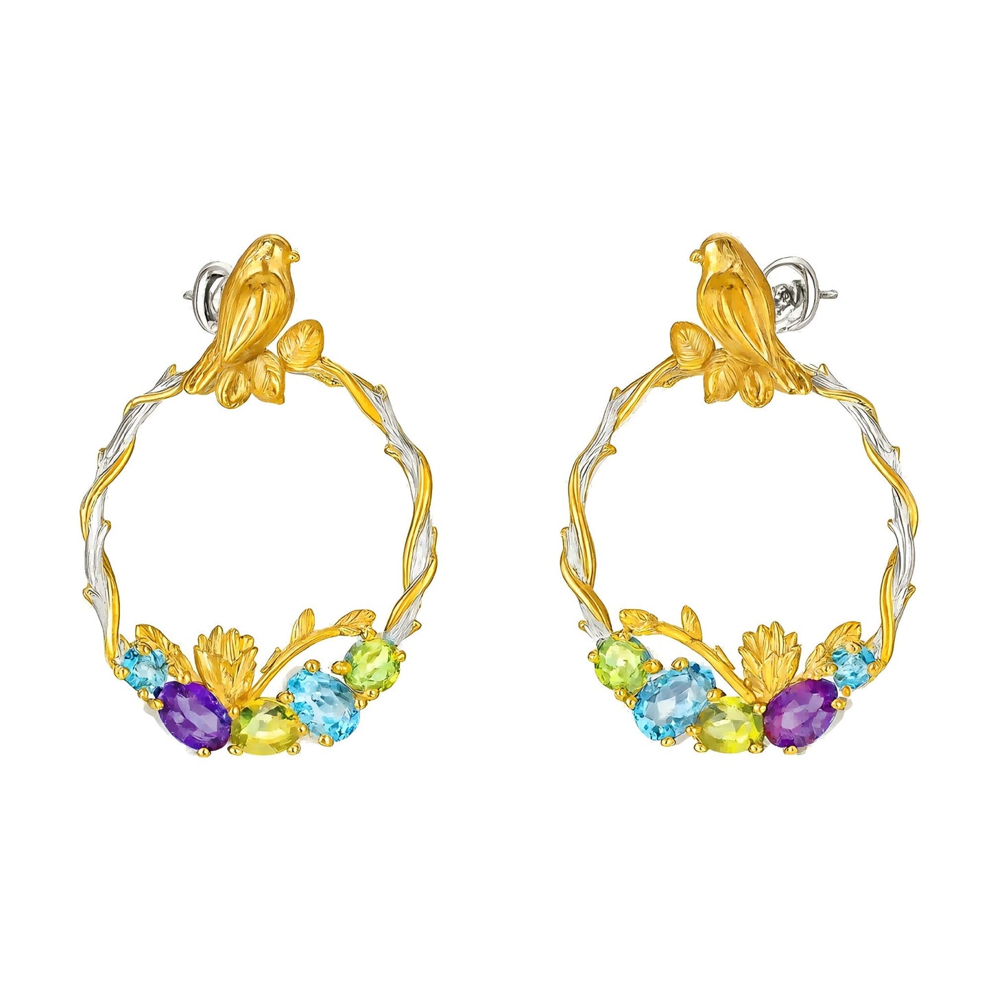 Forest Serenade: Natural Gemstone Bird Wreath Earrings in 925 Sterling Silver