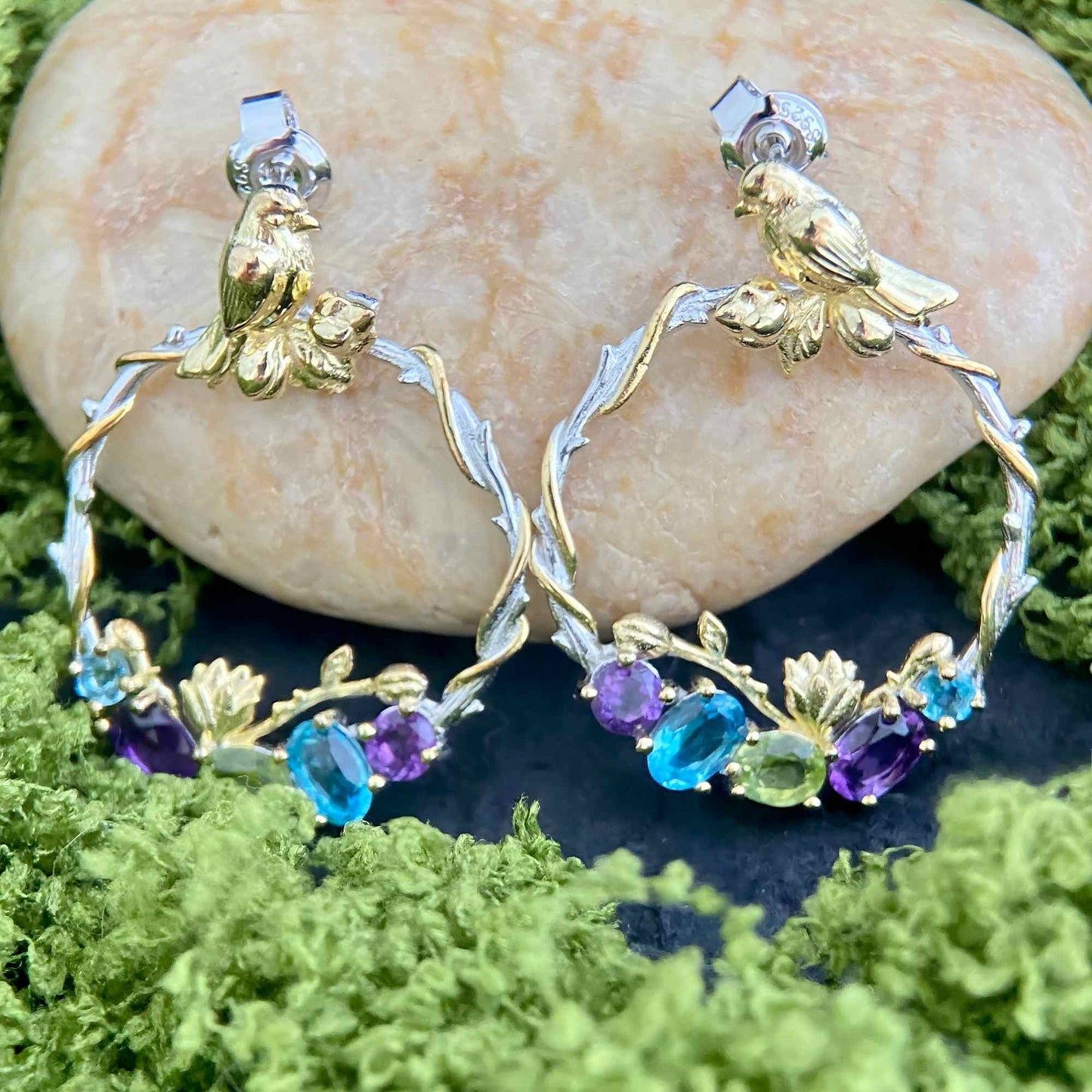 Forest Serenade: Natural Gemstone Bird Wreath Earrings in 925 Sterling Silver