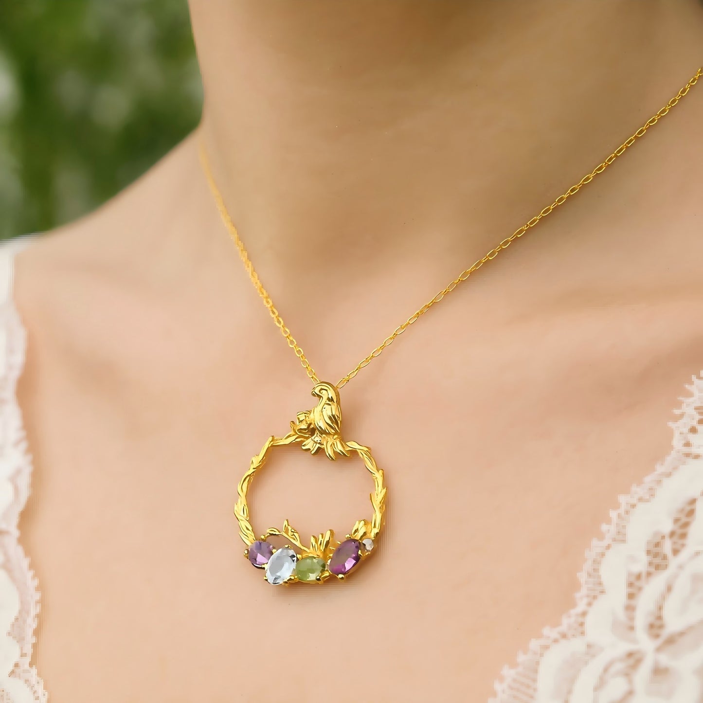 Forest Serenade – Gemstone Bird Wreath Pendant in 925 Sterling Silver