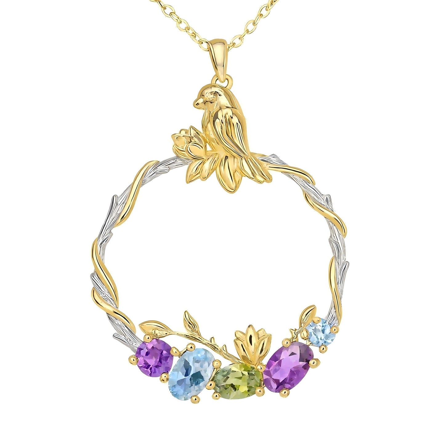 Forest Serenade – Gemstone Bird Wreath Pendant in 925 Sterling Silver