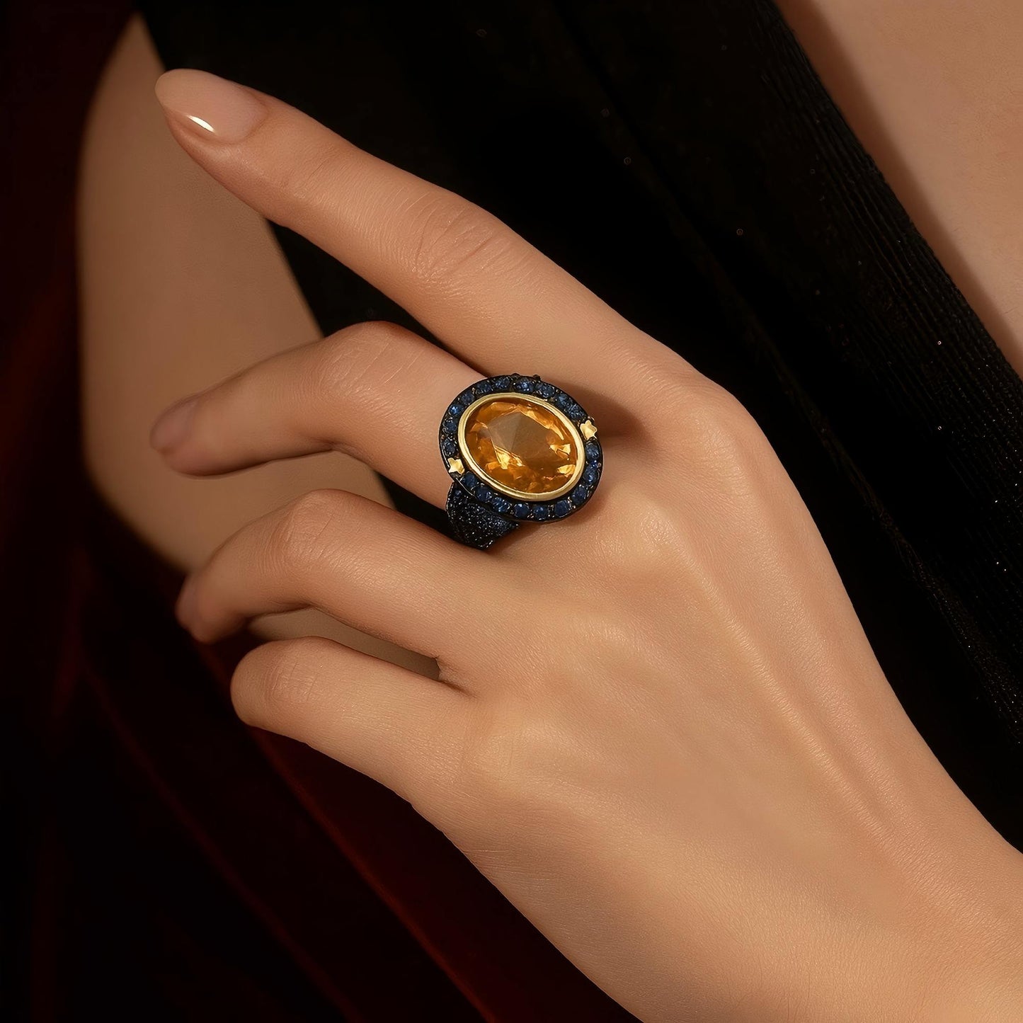 Golden Dawn: Citrine and Sapphire Halo Ring in 925 Sterling Silver