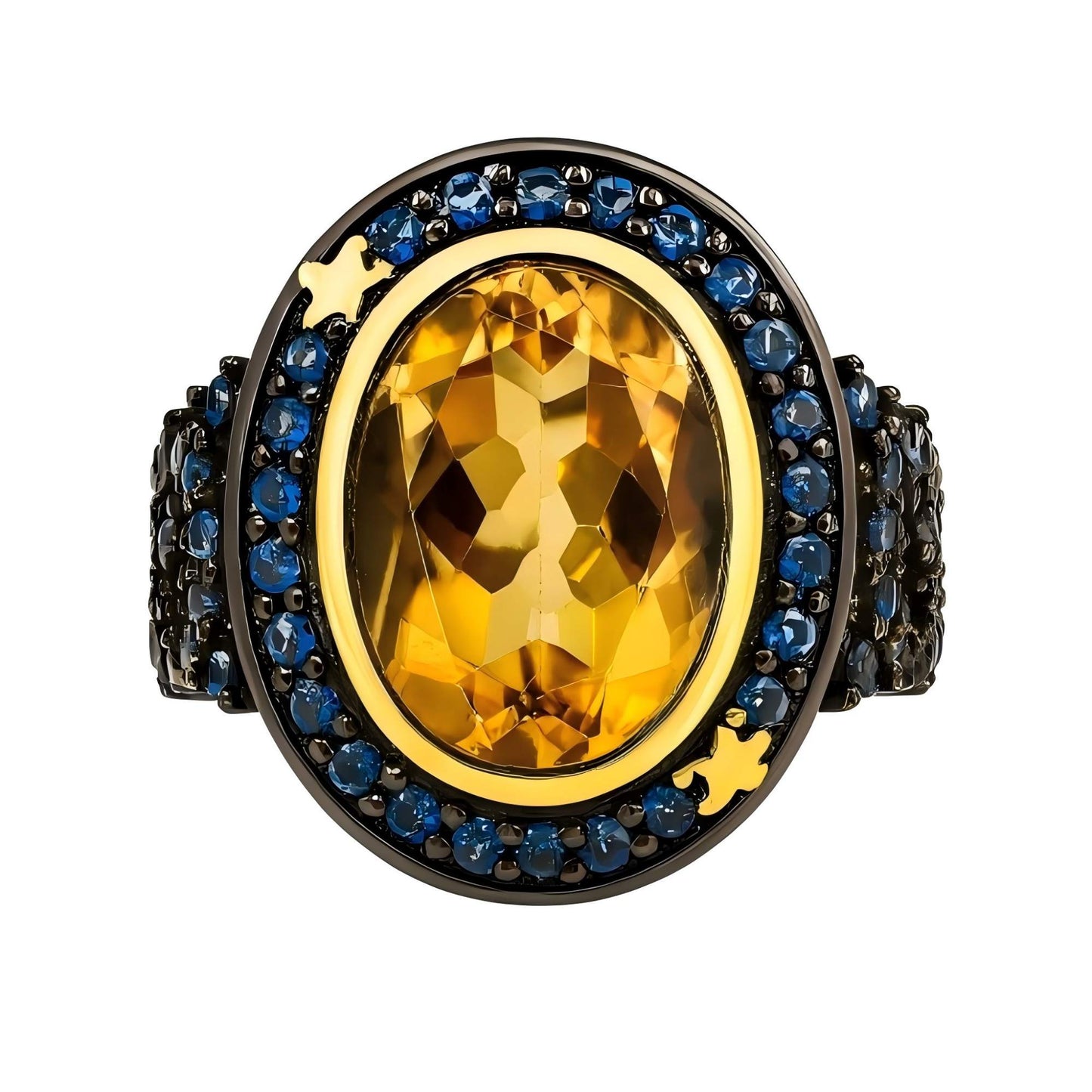 Golden Dawn: Citrine and Sapphire Halo Ring in 925 Sterling Silver