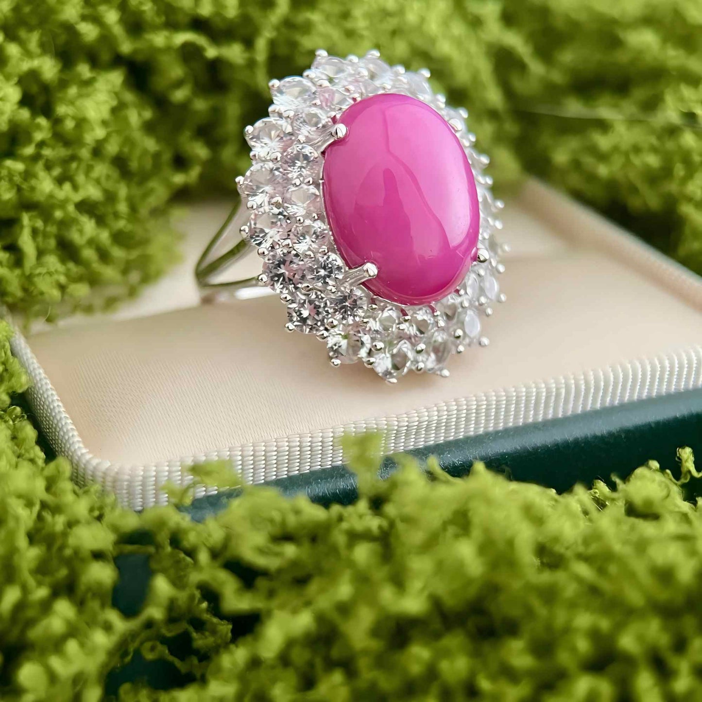 Crown Flame: Oval Cabochon Lab-Grown Ruby Ring in 925 Silver
