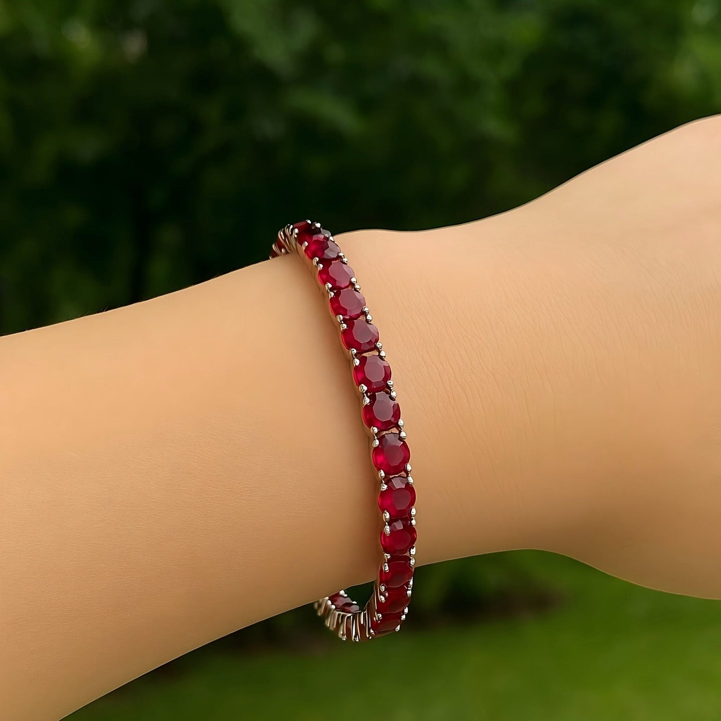 Crimson Flow – Lab - Grown Ruby Tennis Bracelet in 925 Sterling Silver - Sound of Flowers