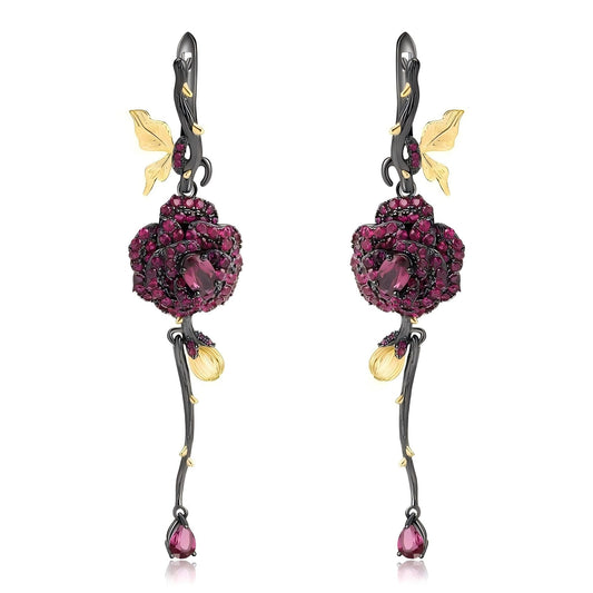 Enchanted Garnet Rose Drop Earrings