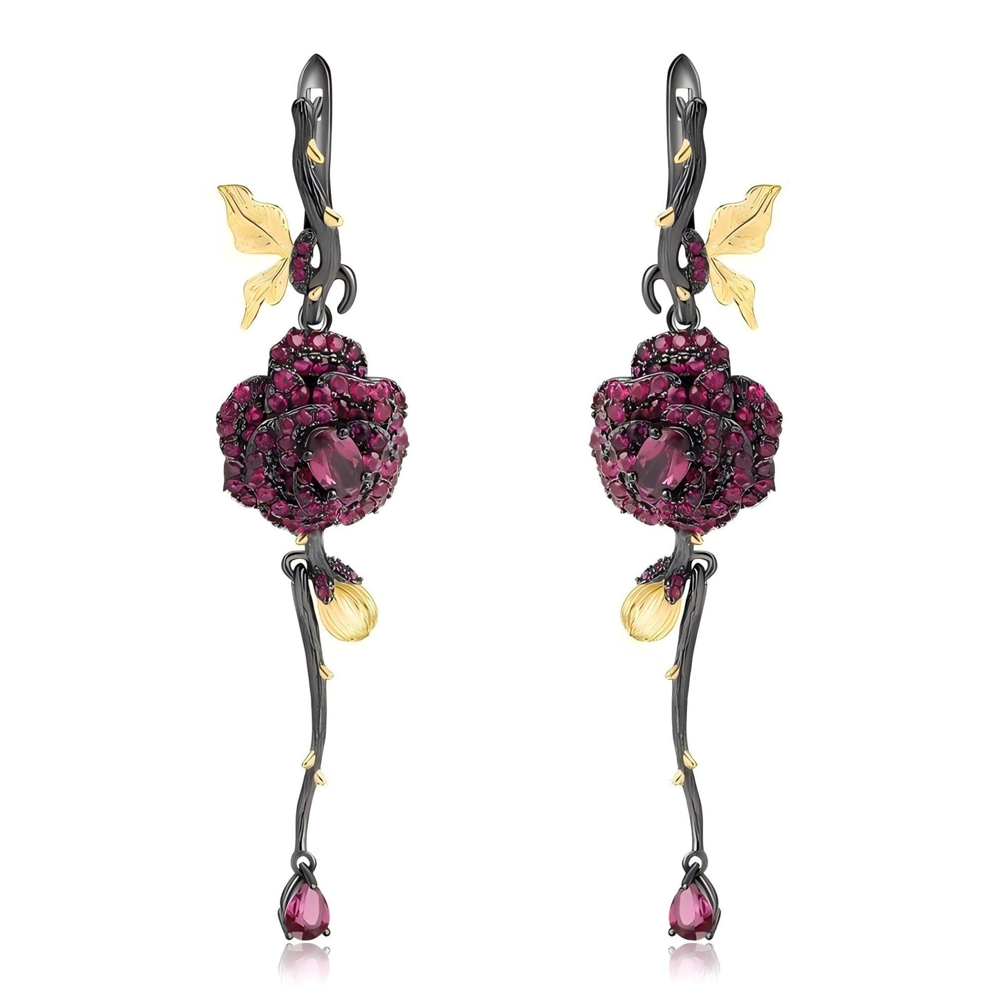 Enchanted Garnet Rose Drop Earrings
