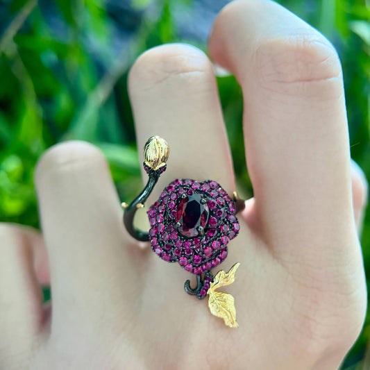 Enchanted Rose Ring – Garnet Red Bloom with Golden Accents in 925 Silver - Sound of Flowers