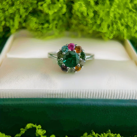 Garden Bloom: Green Tourmaline & Rainbow Cluster Ring in Sterling Silver - Sound of Flowers