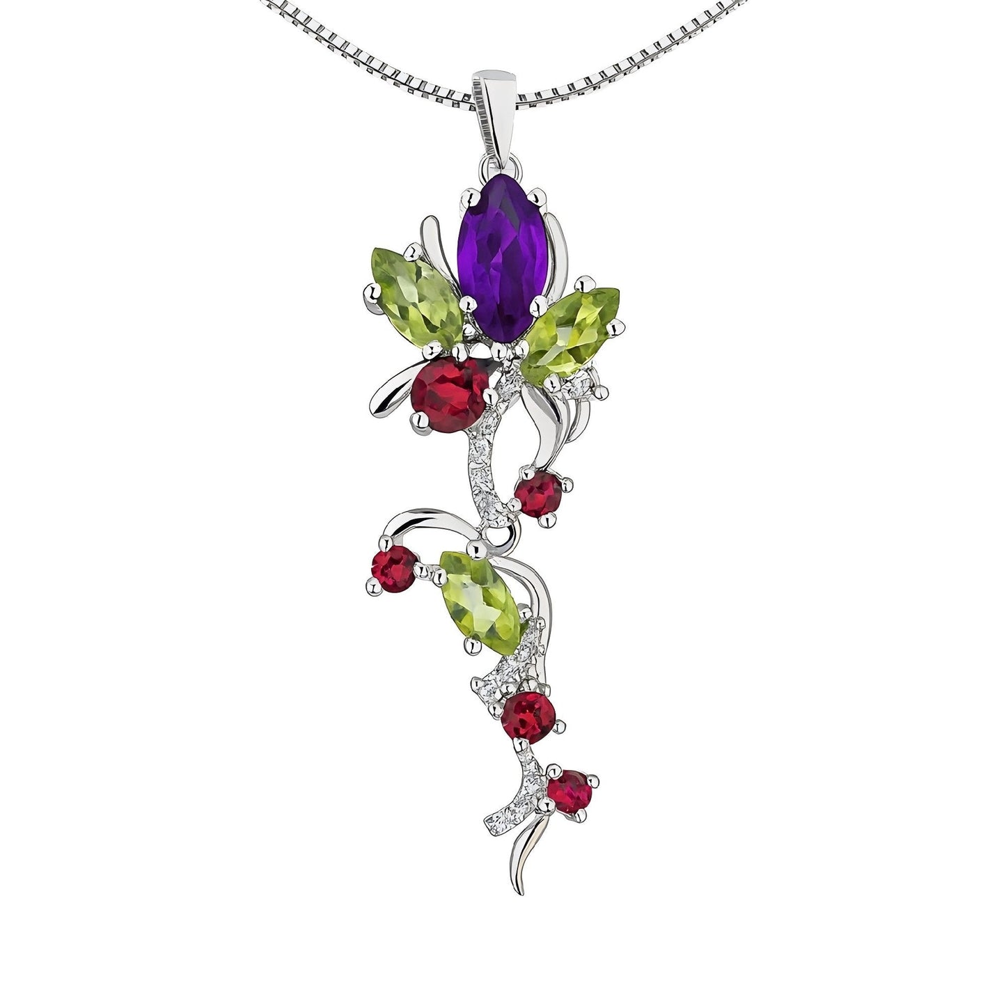 Garden Whispers: Amethyst, Garnet & Peridot Floral Necklace in 925 Sterling Silver - Sound of Flowers