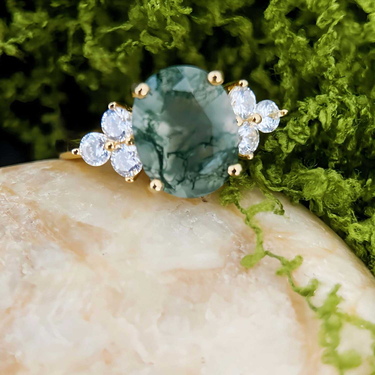 Moss Reverie - Morning Canopy Natural Agate Ring in Gold Vermeil over 925 Sterling Silver - Sound of Flowers