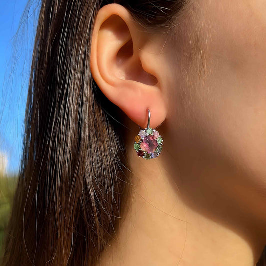 Pastel Garden: Multi - Color Natural Tourmaline Cluster Earrings in Sterling Silver - Sound of Flowers