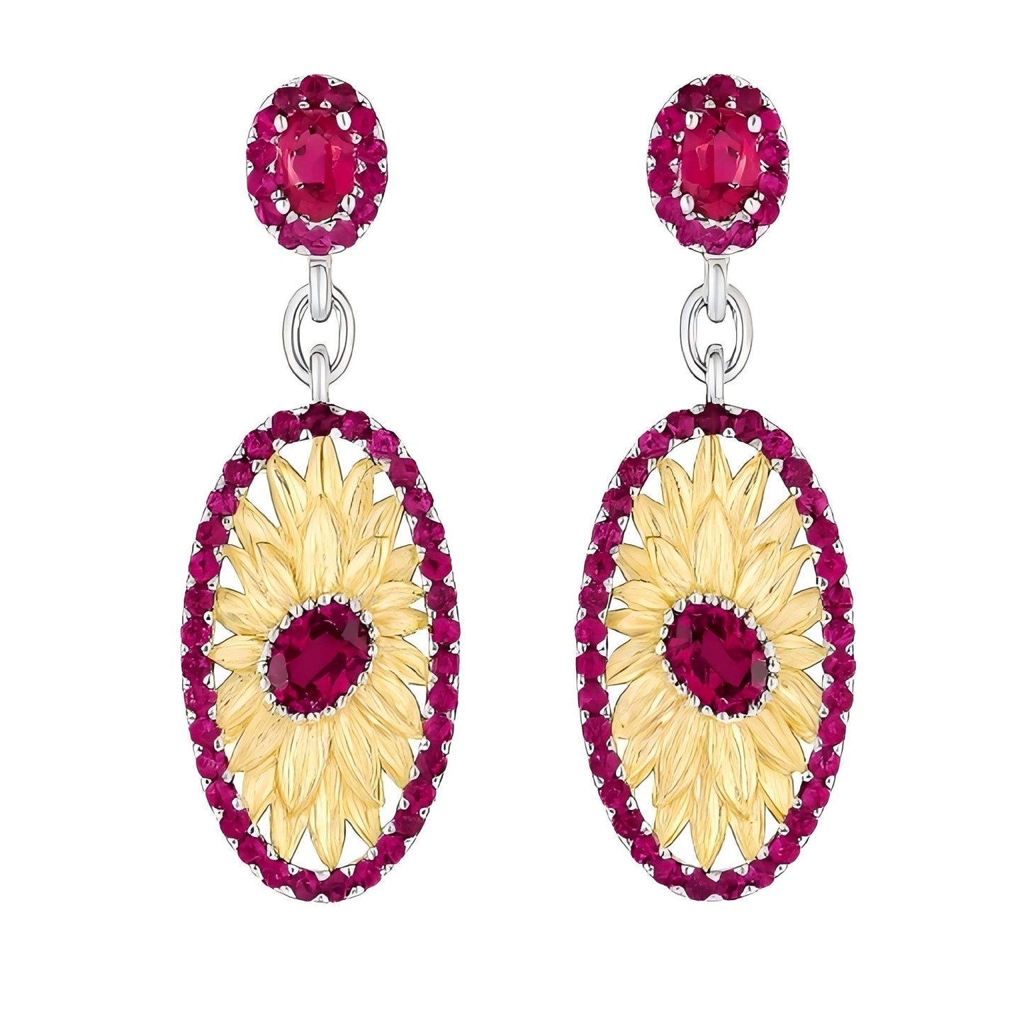 Scarlet Sun – Garnet Sunflower Drop Earrings