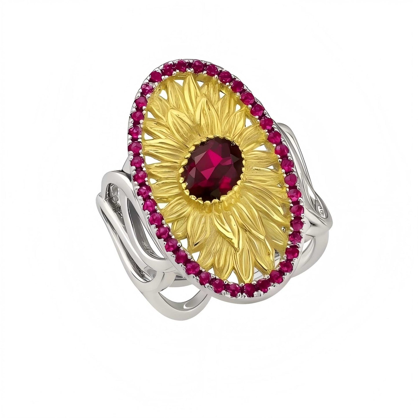 Scarlet Sun – Garnet Sunflower Statement Ring in 925 Sterling Silver - Sound of Flowers