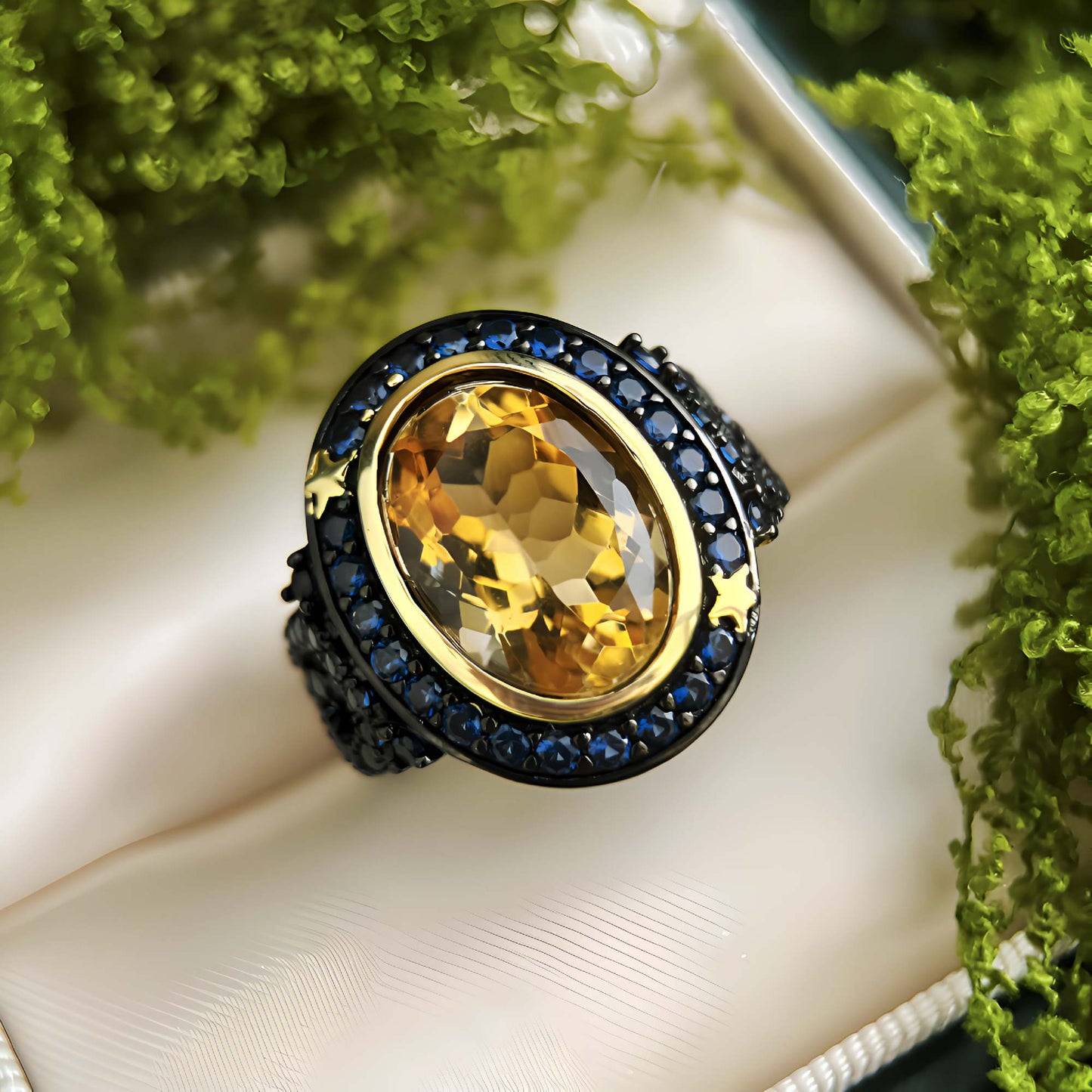 “Solar Muse” | Natural Citrine & Blue Lab - Grown Sapphire Ring | 925 Sterling Silver| Universe Collection - Sound of Flowers