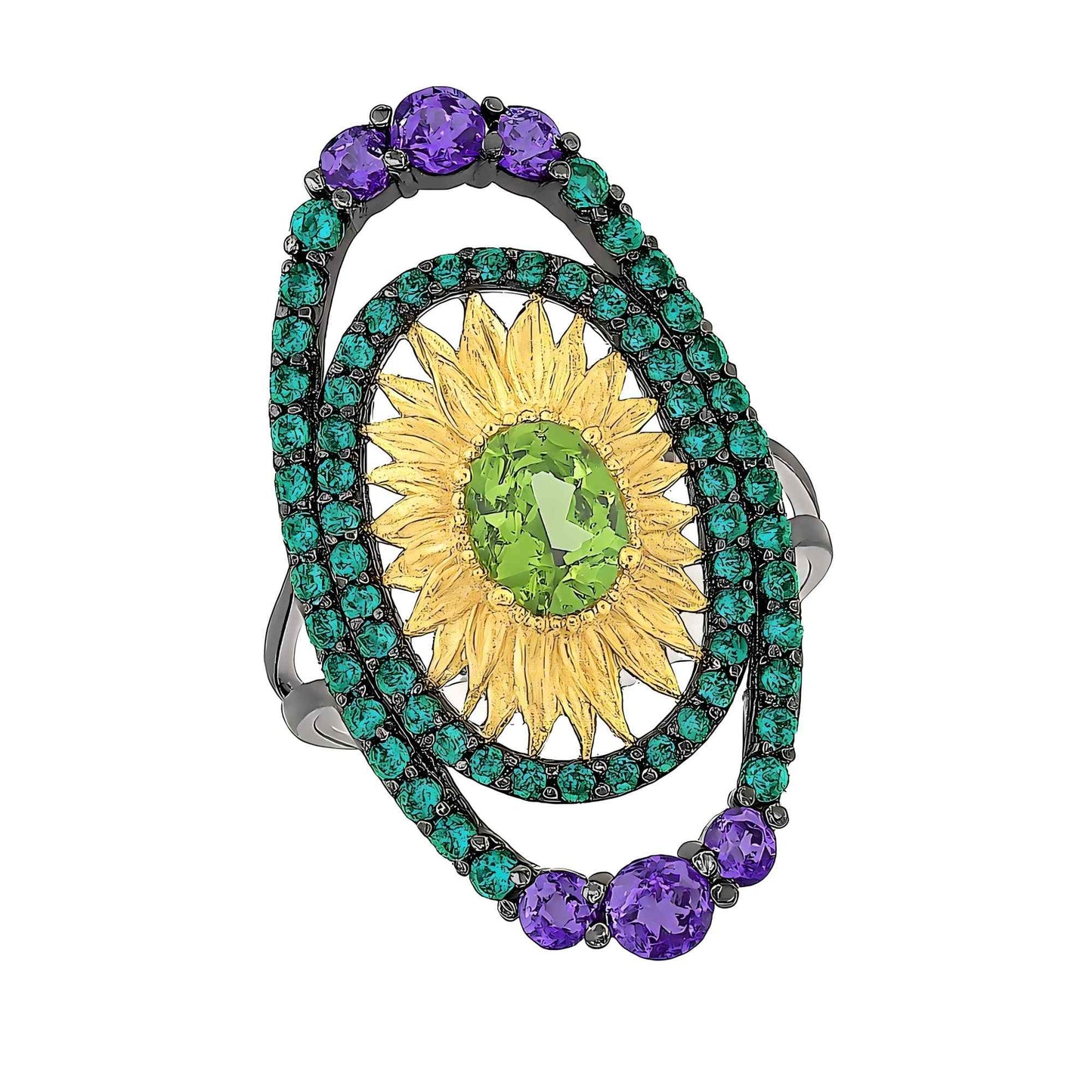 Sunlight Bloom: Natural Peridot & Amethyst Statement Ring in Gold - Plated 925 Sterling Silver - Sound of Flowers