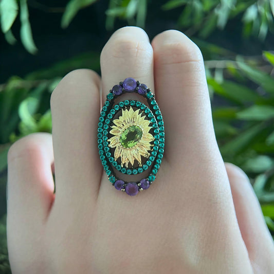 Sunlight Bloom: Peridot & Amethyst Statement Ring