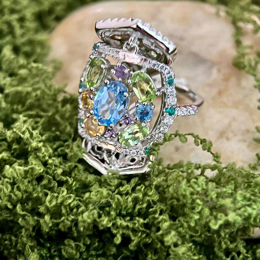 Sunlight Sonata: Foldable Ring with Natural Topaz, Peridot & Citrine - Sound of Flowers