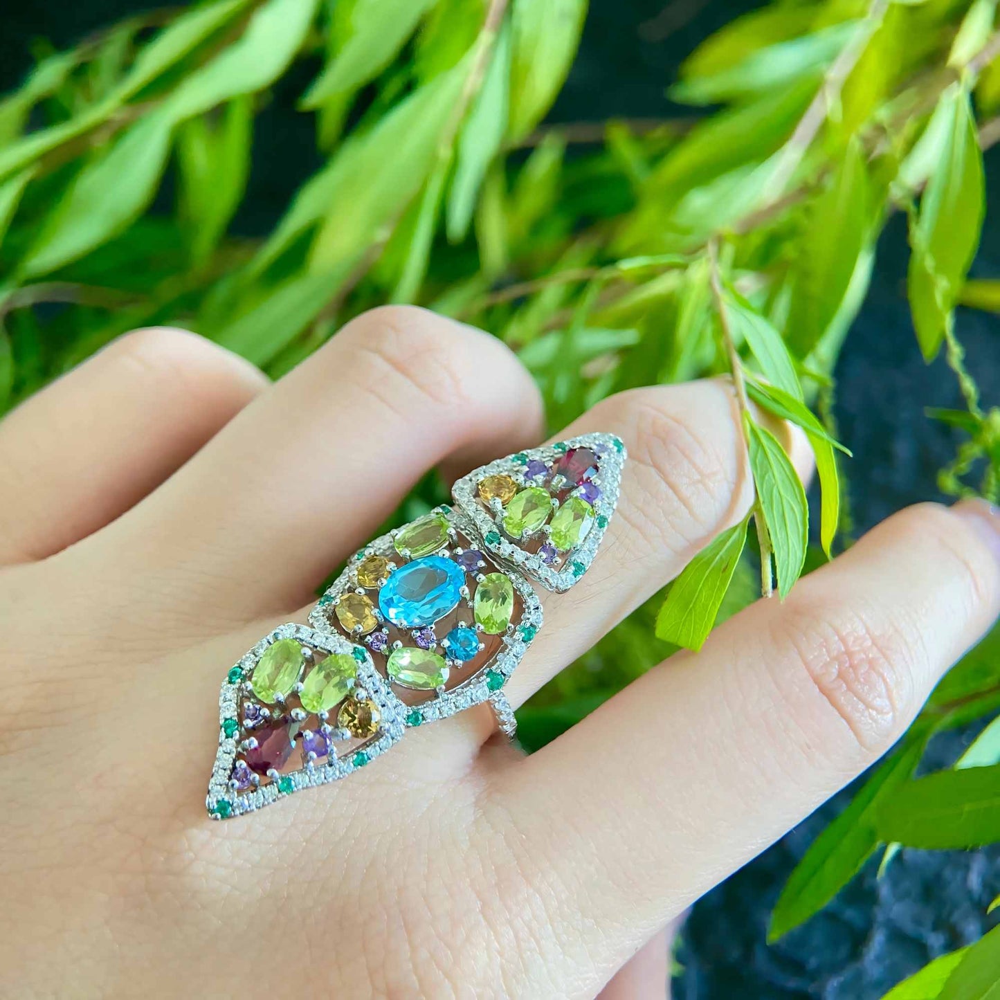 Sunlight Sonata: Foldable Ring with Natural Topaz, Peridot & Citrine - Sound of Flowers
