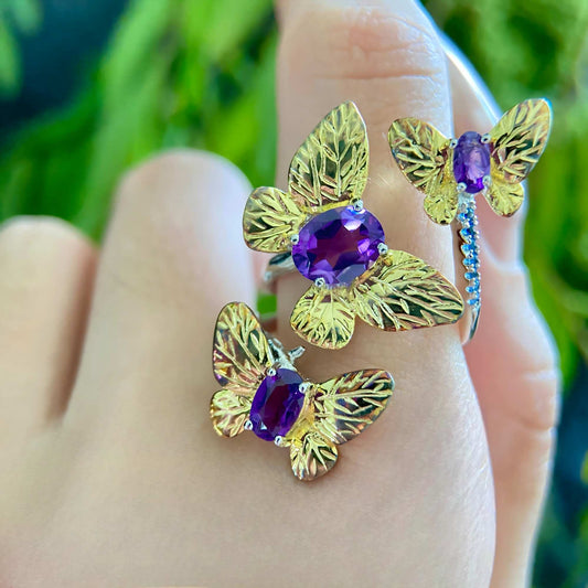 Twilight Bloom – Open Amethyst Ring in Gold - Plated 925 Silver - Sound of Flowers