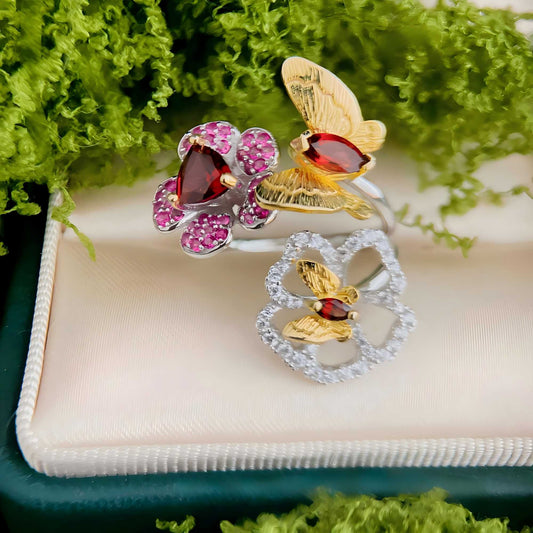 Fluttering Garden – Adjustable Butterfly & Flower Ring with Garnet in Sterling Silver