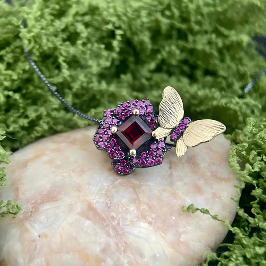 Butterfly & Bloom – Garnet Rose and Gold Butterfly Pendant in 925 Sterling Silver