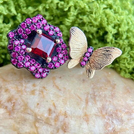 Butterfly & Bloom – Garnet Rose and Gold Butterfly Ring in 925 Sterling Silver