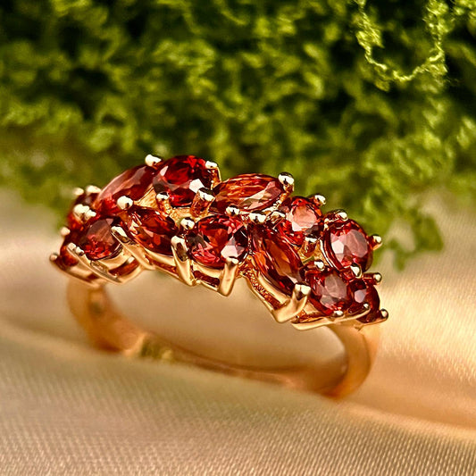 Crimson Bouquet: Natural Rhodolite Garnet Cluster Ring in Rose Gold Vermeil