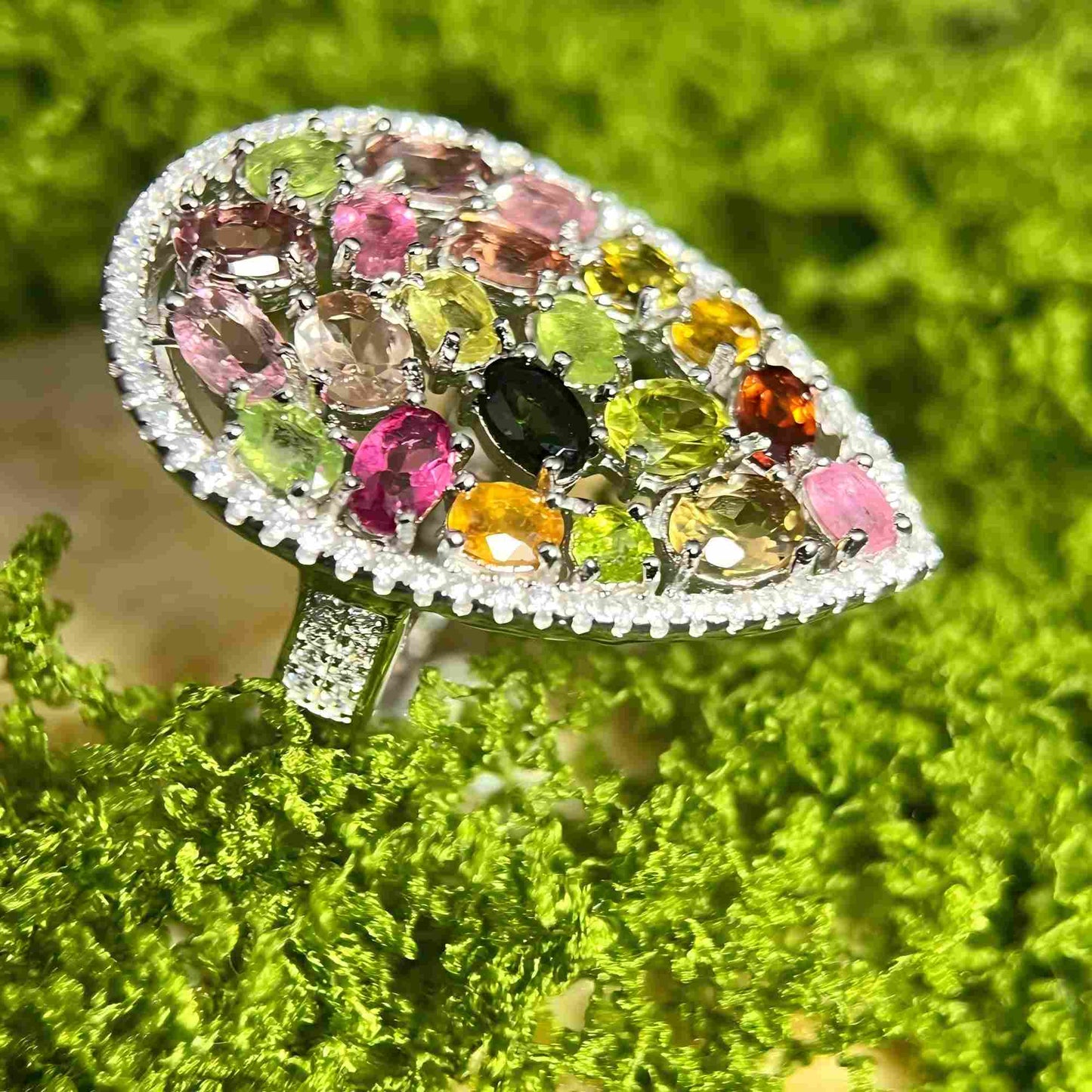 Tear of the Garden: Waterdrop Mosaic Natural Tourmaline Ring in Sterling Silver