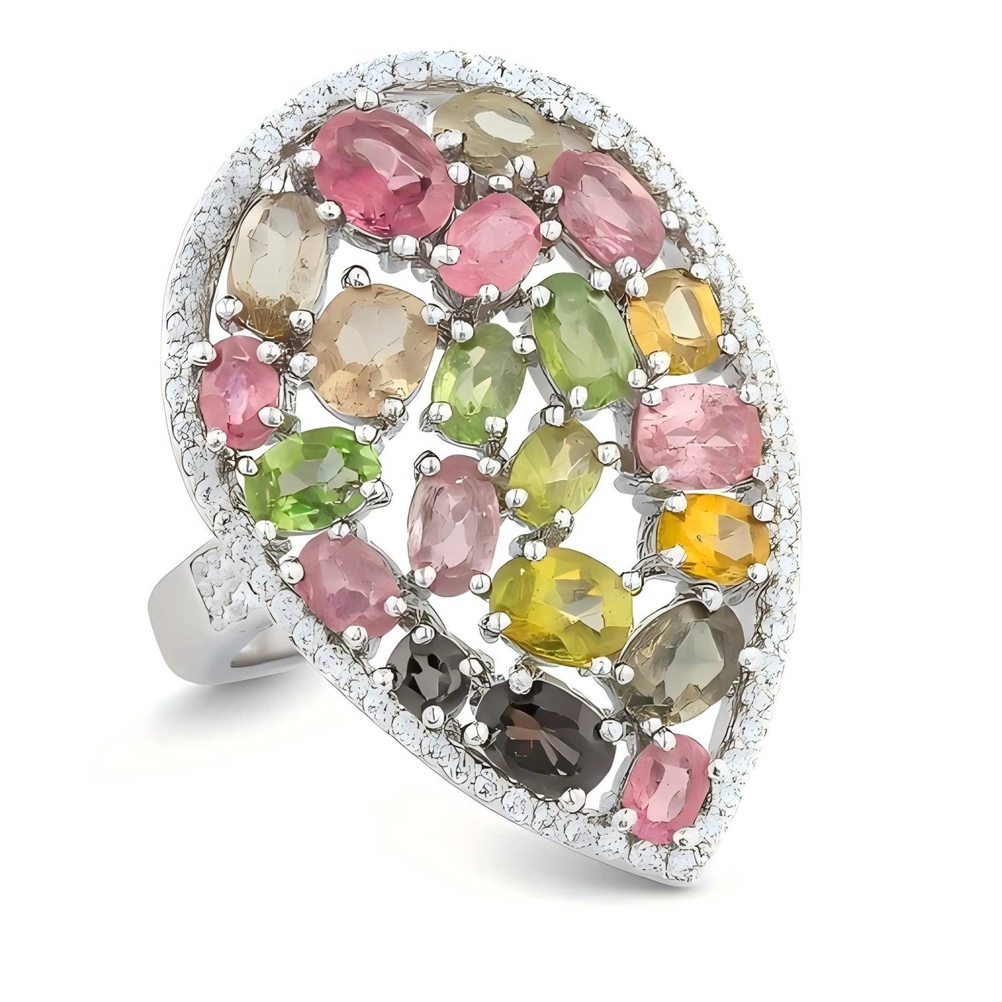 Tear of the Garden: Waterdrop Mosaic Natural Tourmaline Ring in Sterling Silver