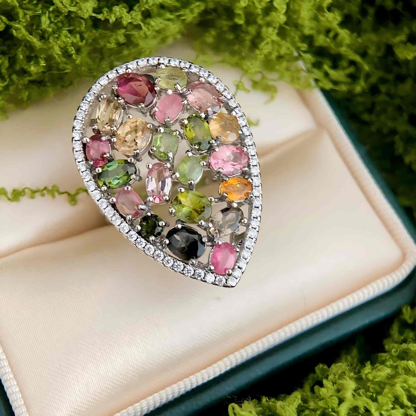 Tear of the Garden: Waterdrop Mosaic Natural Tourmaline Ring in Sterling Silver