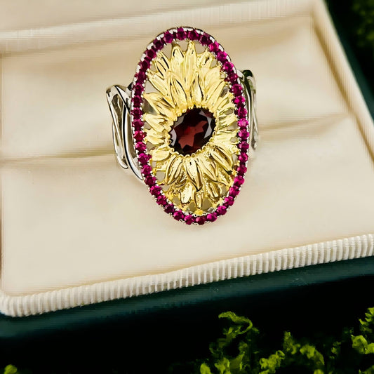 Scarlet Sun – Garnet Sunflower Statement Ring in 925 Sterling Silver