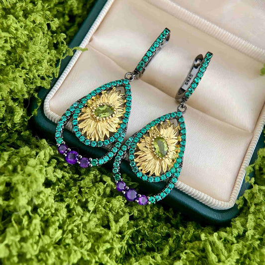 Sunlight Bloom – Peridot & Amethyst Drop Earrings in Gold-Plated 925 Sterling Silver