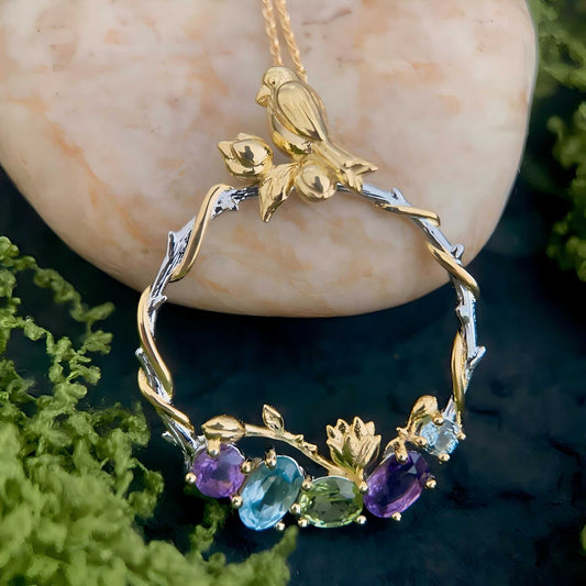 Forest Serenade – Gemstone Bird Wreath Pendant in 925 Sterling Silver