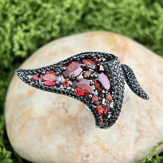 Crimson Calla – Garnet Lily-Inspired Statement Ring in 925 Sterling Silver